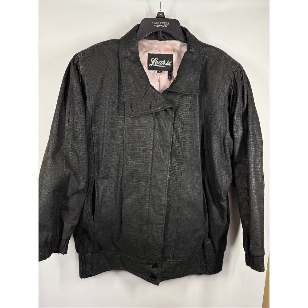 Vintage Learsi black animal print leather short waist bomber jacket size large